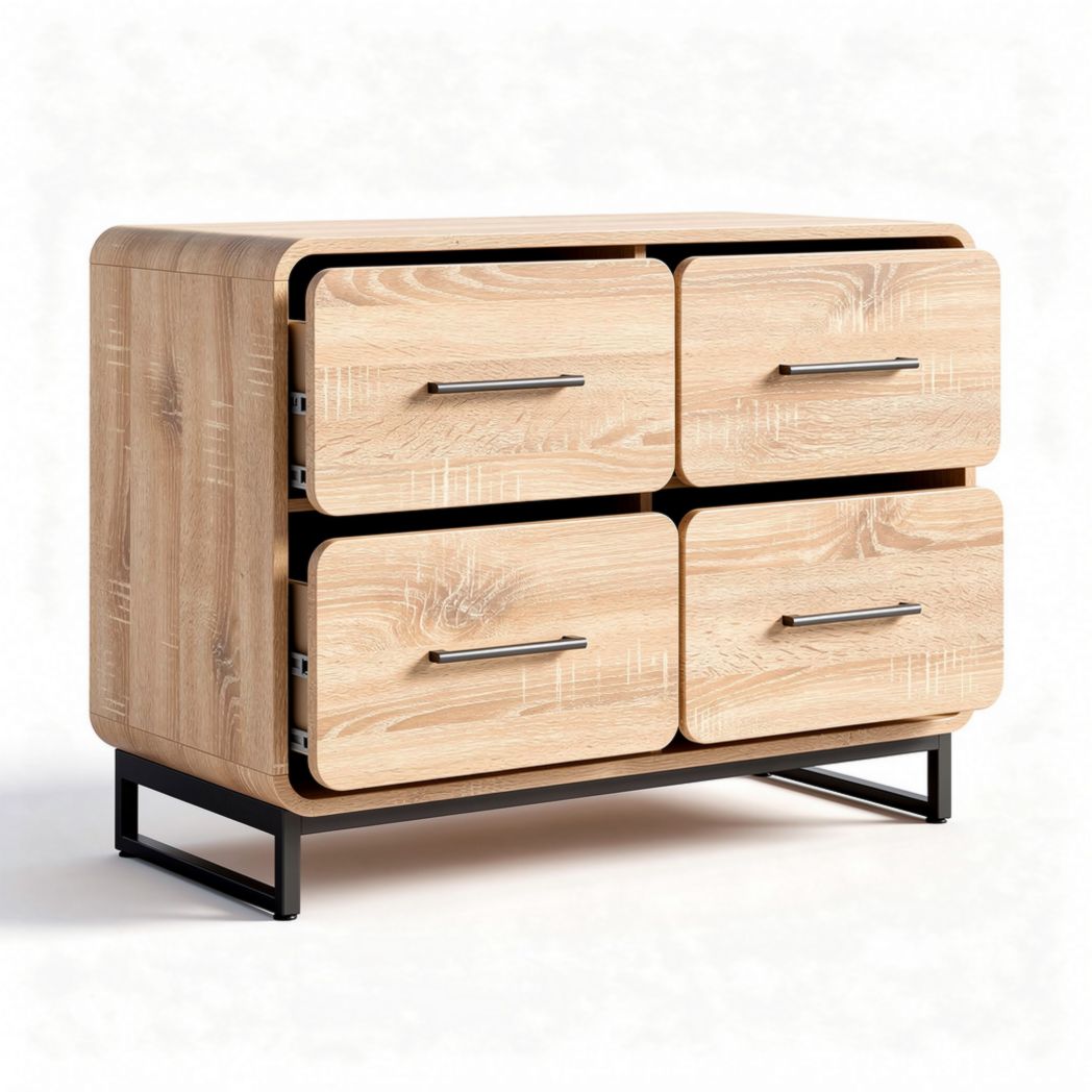 Mueble de almacenamiento de madera clara con 4 cajones y estructura metálica 80 x 40 x 75cm
