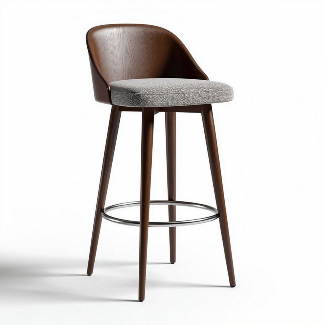 Taburete de bar en madera oscura con asiento gris de tela 45 x 45 x 100cm