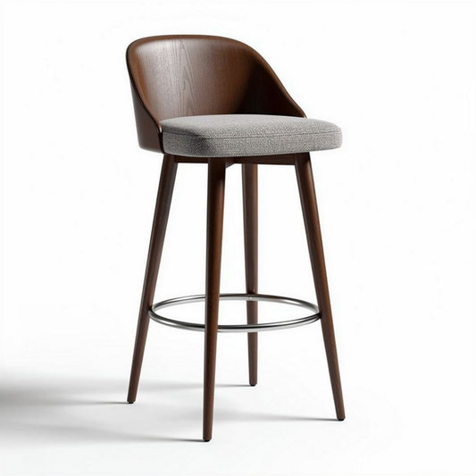 Taburete de bar en madera oscura con asiento gris de tela 45 x 45 x 100cm