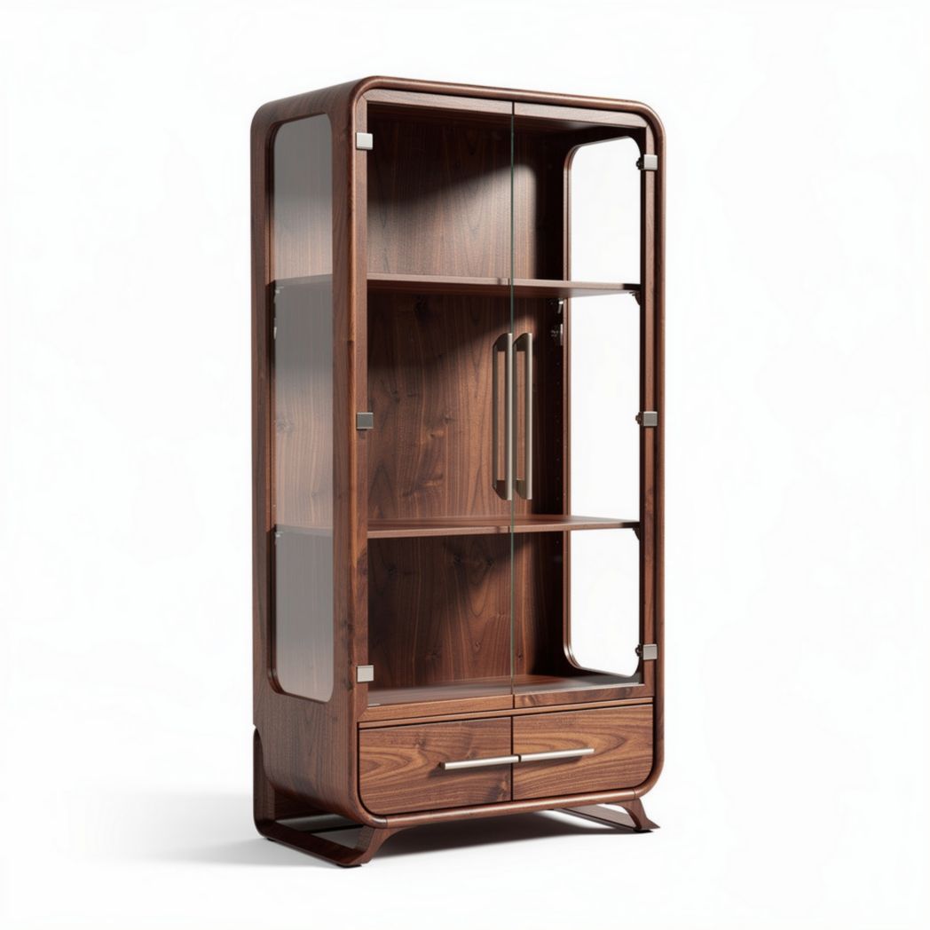 Vitrina de madera oscura con estantes de vidrio y cajones 80 x 40 x 180cm