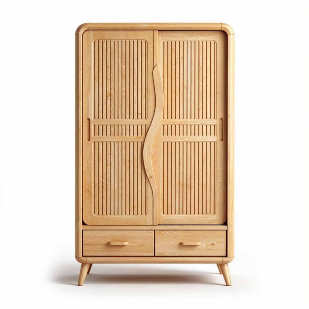 Armario de madera de bambú color natural con dos puertas y dos cajones 80 x 40 x 150cm