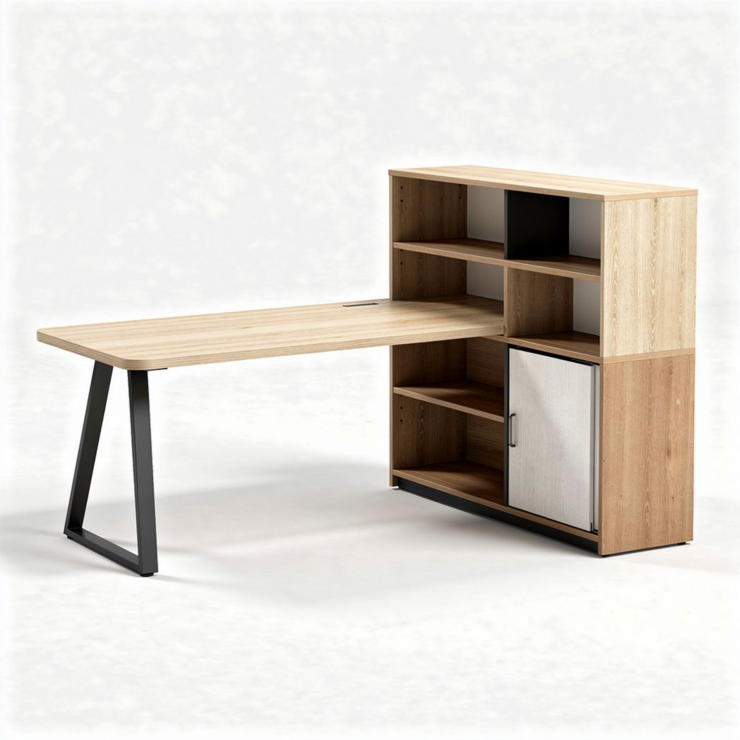 Escritorio moderno de madera y metal con estantería y medidas de 150 x 60 x 100cm
