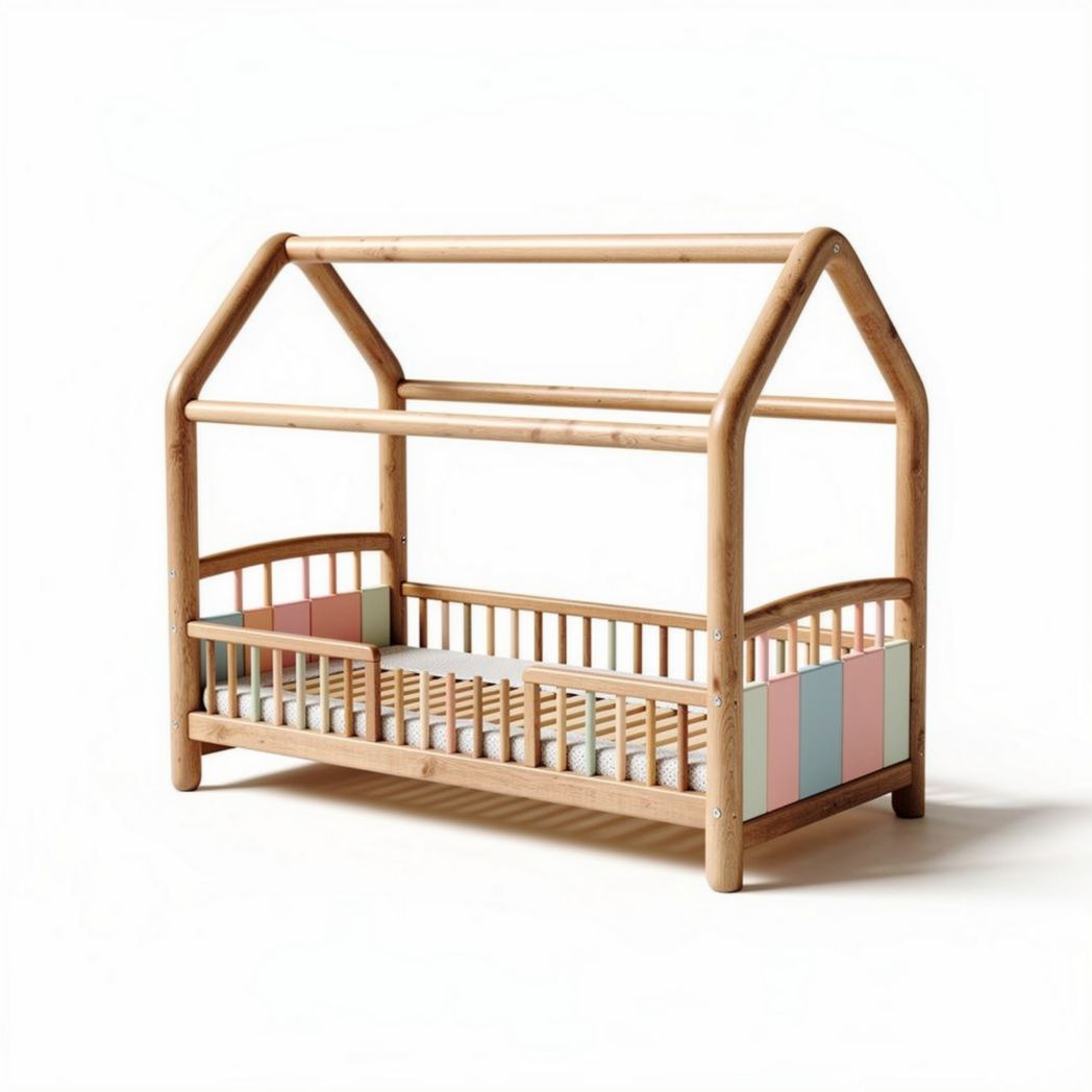 Cuna de madera de pino en forma de casa para niños 120 x 70 x 90cm