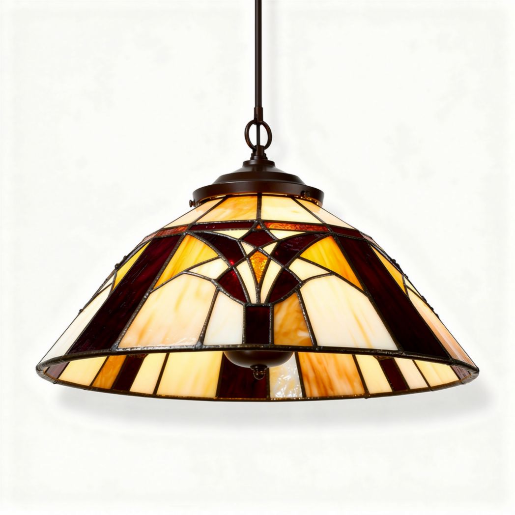Lámpara colgante de vidrio vitral en tonos ámbar y rojo 45 x 45 x 25cm