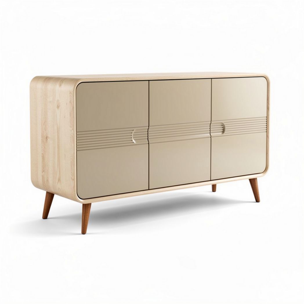 Aparador moderno de madera en color beige con cuatro puertas y patas de madera 150 x 40 x 80cm