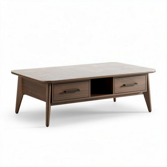 Mesa de café de madera con superficie de mármol y almacenamiento interior 120 x 60 x 40cm
